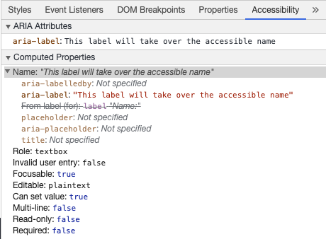 aria-label からアクセス可能な入力欄の名前を表示する Chrome デベロッパツール
