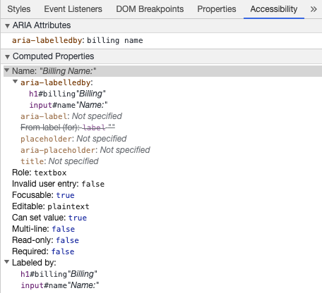 aria-labelledby からアクセス可能な入力欄の名前を表示する Chrome デベロッパツール