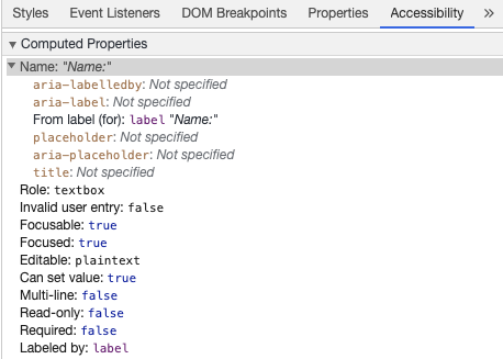 label からアクセス可能な入力欄の名前を表示する Chrome デベロッパツール